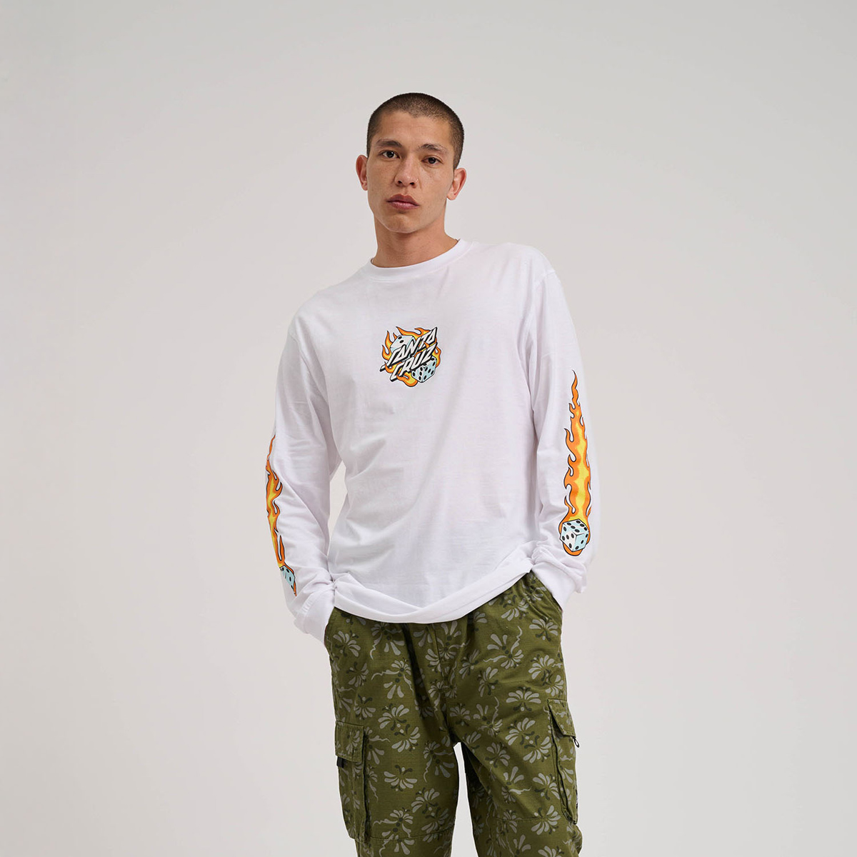 Santa Cruz - FLAMING DICE DOT FRONT LS T-SHIRT - WHITE φωτογραφία